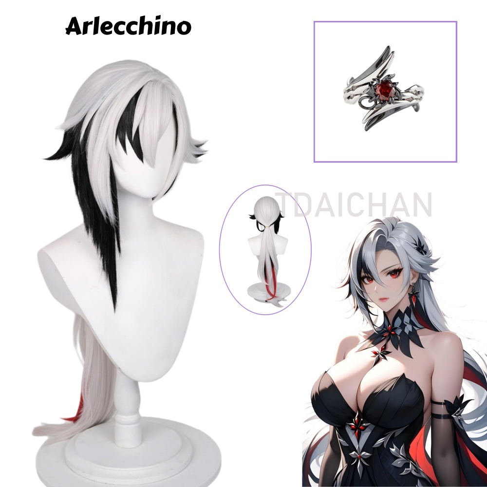 Anime Cosplay Wig Heat Resistant - เก็นชิน อิมแพ็ค อาร์เลคชิโน่คอสเพลย์วิกผมยาวสีเงินสีดำไล่ระดับสีอะนิเมะริงทนความร้อนผมสังเคราะห์สำหรับผู้หญิงอุปกรณ์ประกอบฉากปาร์ตี้