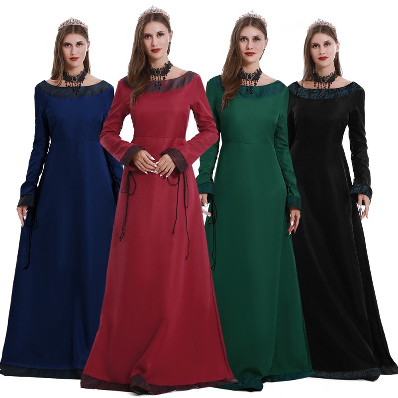 Medieval Renaissance Dress Women - ชุดเดรสยาวสไตล์ยุคกลางสำหรับผู้หญิง คอวี แขนยาว แต่งลูกไม้ ยาวถึงพื้น ชุดคอสเพลย์สำหรับเทศกาลเรอเนซองส์