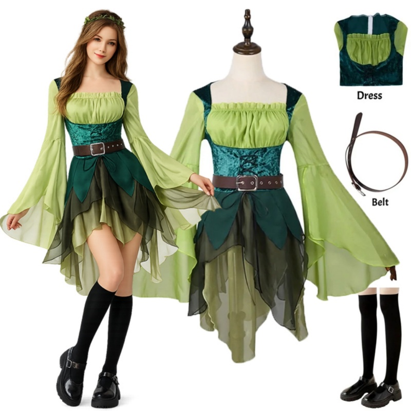 Medieval Renaissance Dress Women - ชุดเอลฟ์หญิงยุคกลางสีเขียว ชุดนางฟ้าเอลฟ์มหัศจรรย์พร้อมปีกและเข็มขัด ชุดคอสเพลย์เอลฟ์สำหรับฮาโลวีน