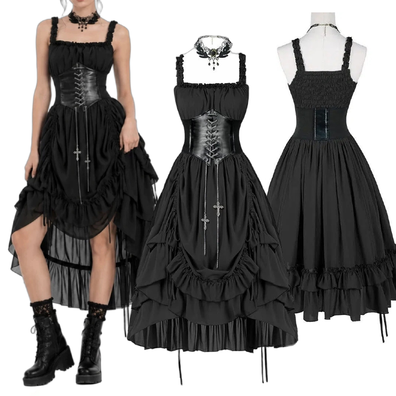 Medieval Renaissance Dress Women - ชุดเดรสโกธิคผู้หญิง คอร์เซ็ทสีดำ สไตล์พังก์ โลลิต้า ระบายชายไม่สม่ำเสมอ ความยาวปานกลาง