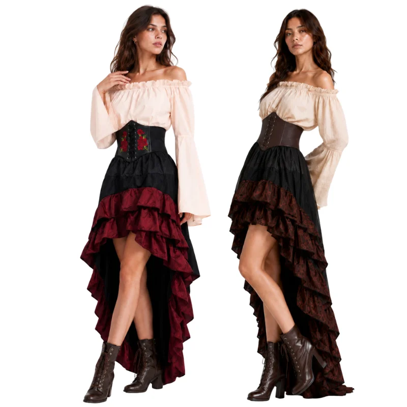 Medieval Renaissance Dress Women - ชุดฮาโลวีนสไตล์ยุคกลางย้อนยุค ชุดโจรสลัดกัปตัน กระโปรงยาวเอวระบาย ชุดราชวงศ์ ชุดสามชิ้น